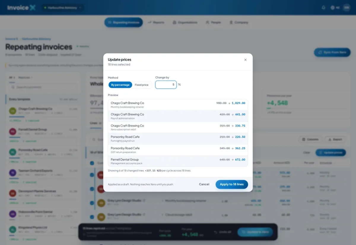 The Update prices dialog with a live preview of old and new prices