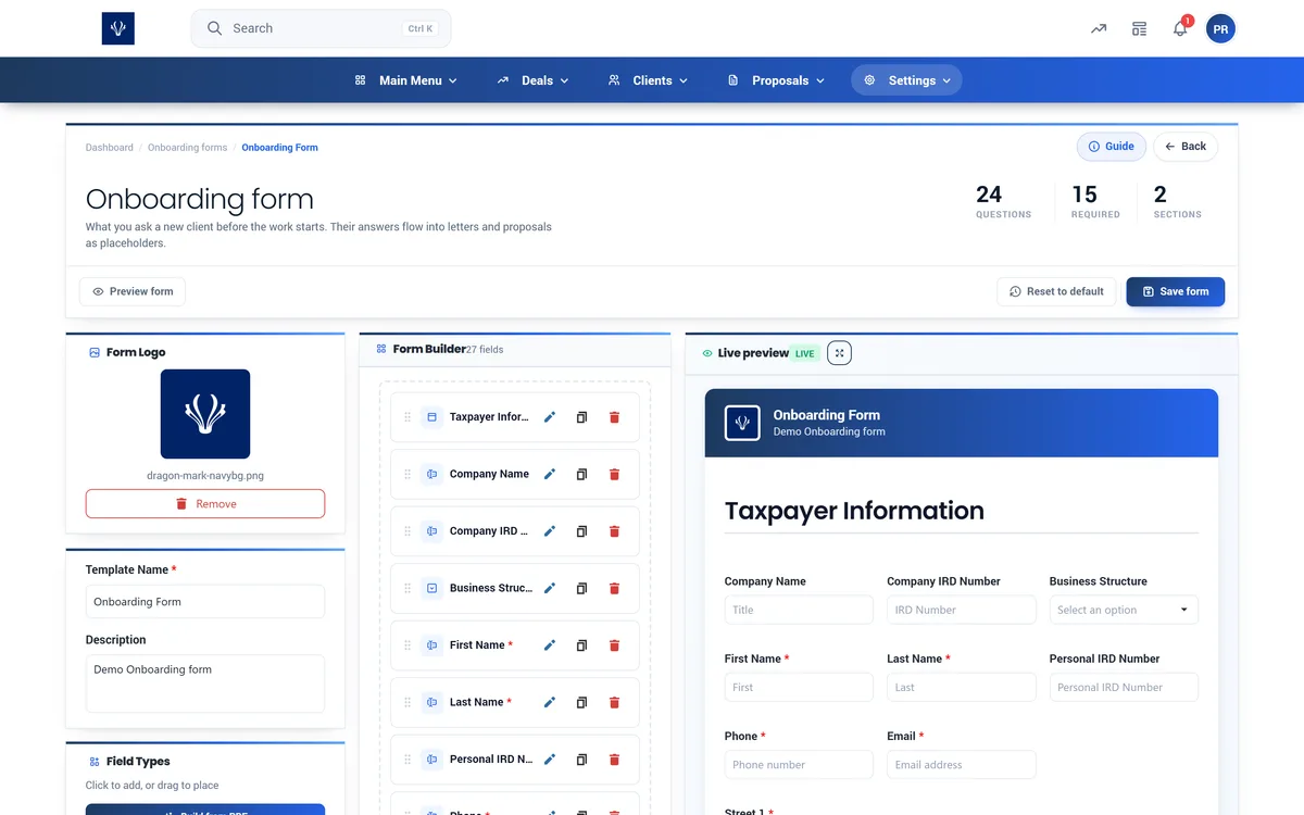 A Proffa client onboarding form