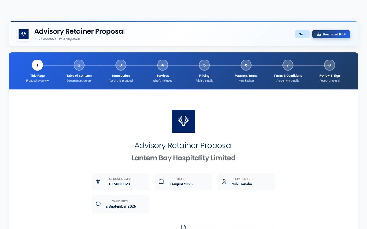A proposal as the client sees it, ready to accept and sign online