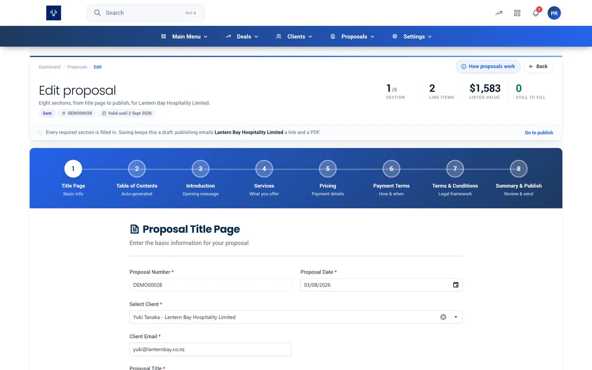 The Proffa proposal editor, guiding you through eight sections from title page to publish